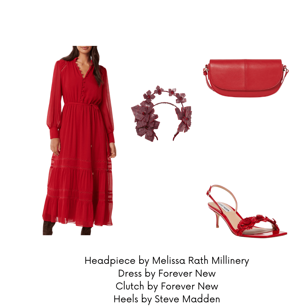 A picture of an outfit suggestion for a garden party for a blog post about styling the Red Pleather Millinery Collection by Melissa Rath Millinery.