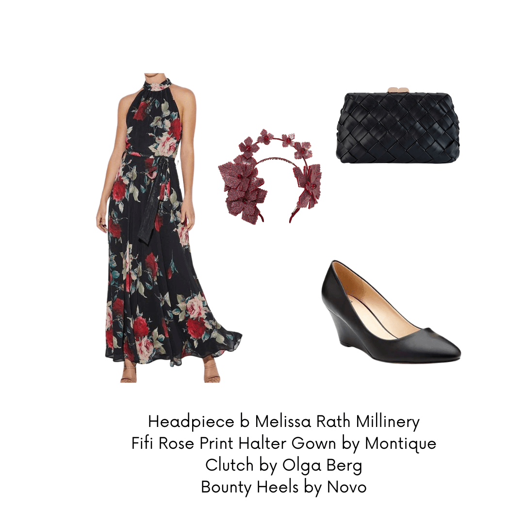 A picture of an outfit suggestion for a garden party for a blog post about styling the Red Pleather Millinery Collection by Melissa Rath Millinery.
