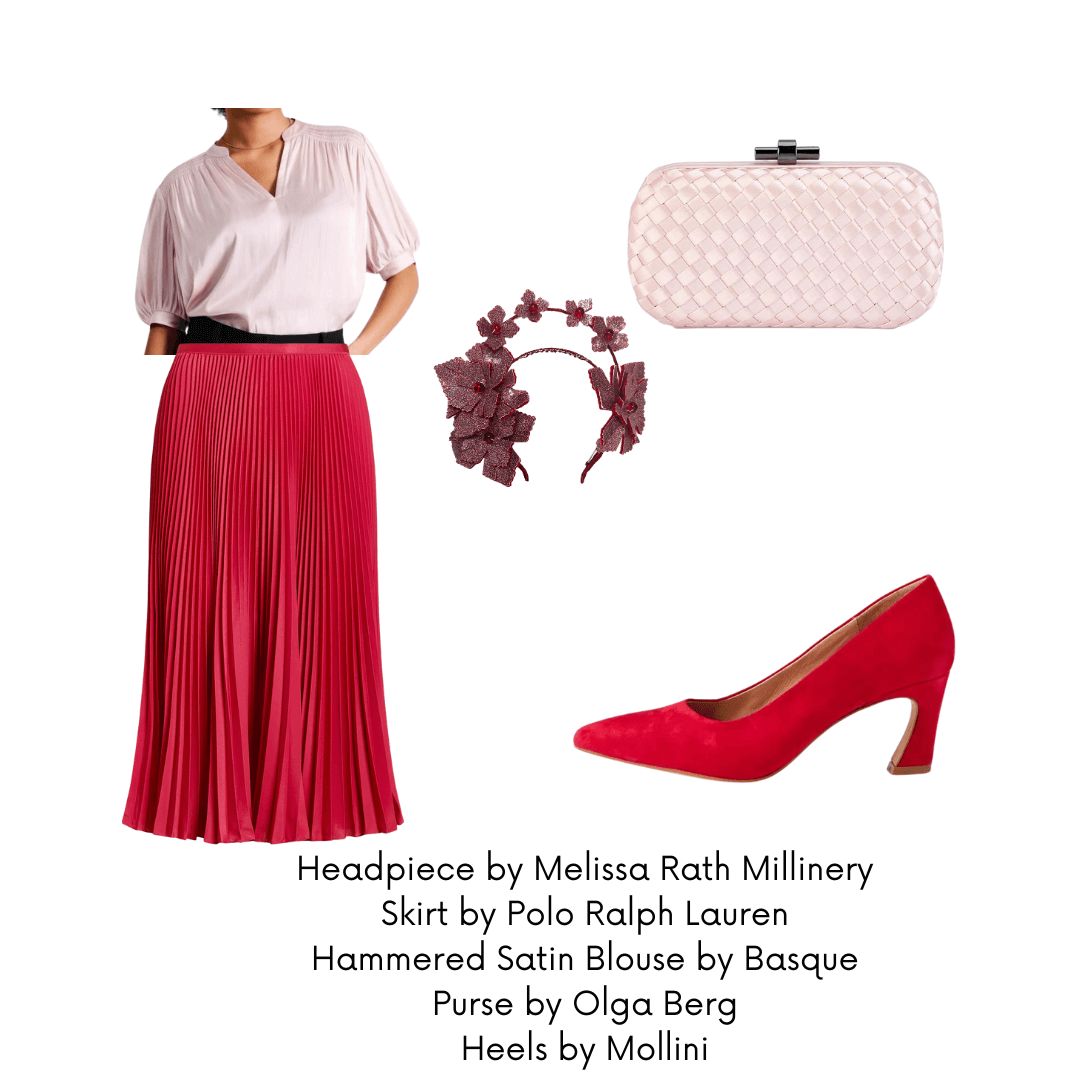 A picture of an outfit suggestion for a garden party for a blog post about styling the Red Pleather Millinery Collection by Melissa Rath Millinery.