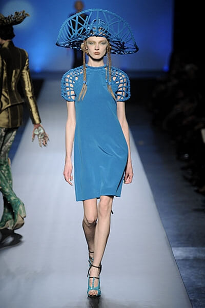 A picture of a model on the catwalk for Gaultier 2010.