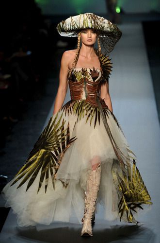 A picture of a model on the catwalk for Gaultier 2010.