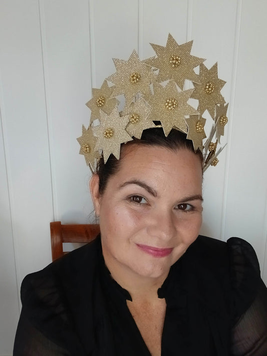 A picture of a Gold Pleather Millinery Crown by Melissa Rath Millinery