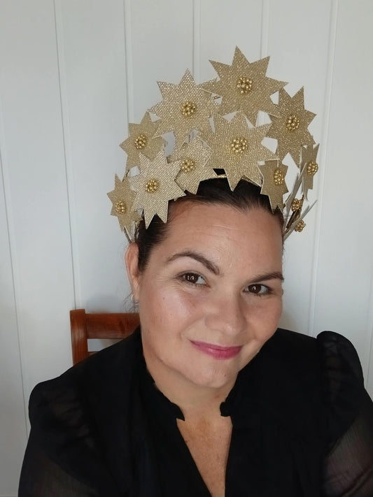 A picture of a Gold Pleather Millinery Crown by Melissa Rath Millinery.