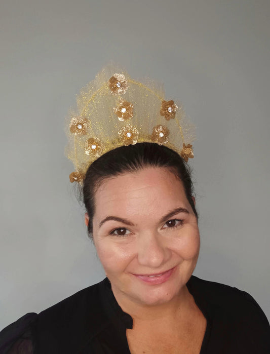 A picture of a Gold Tulle Crown by Melissa Rath Millinery