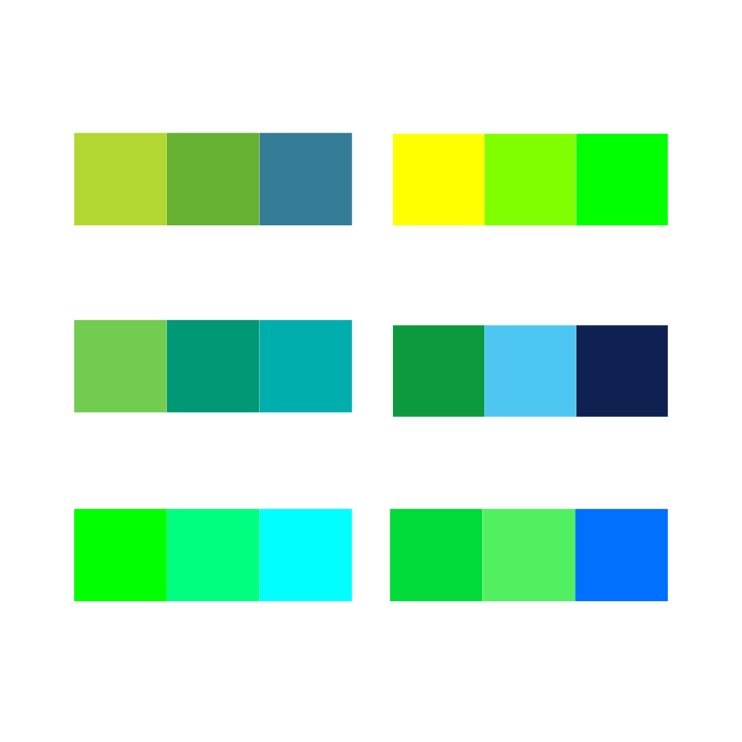 A picture of colour combinations for a green analogous colour scheme.