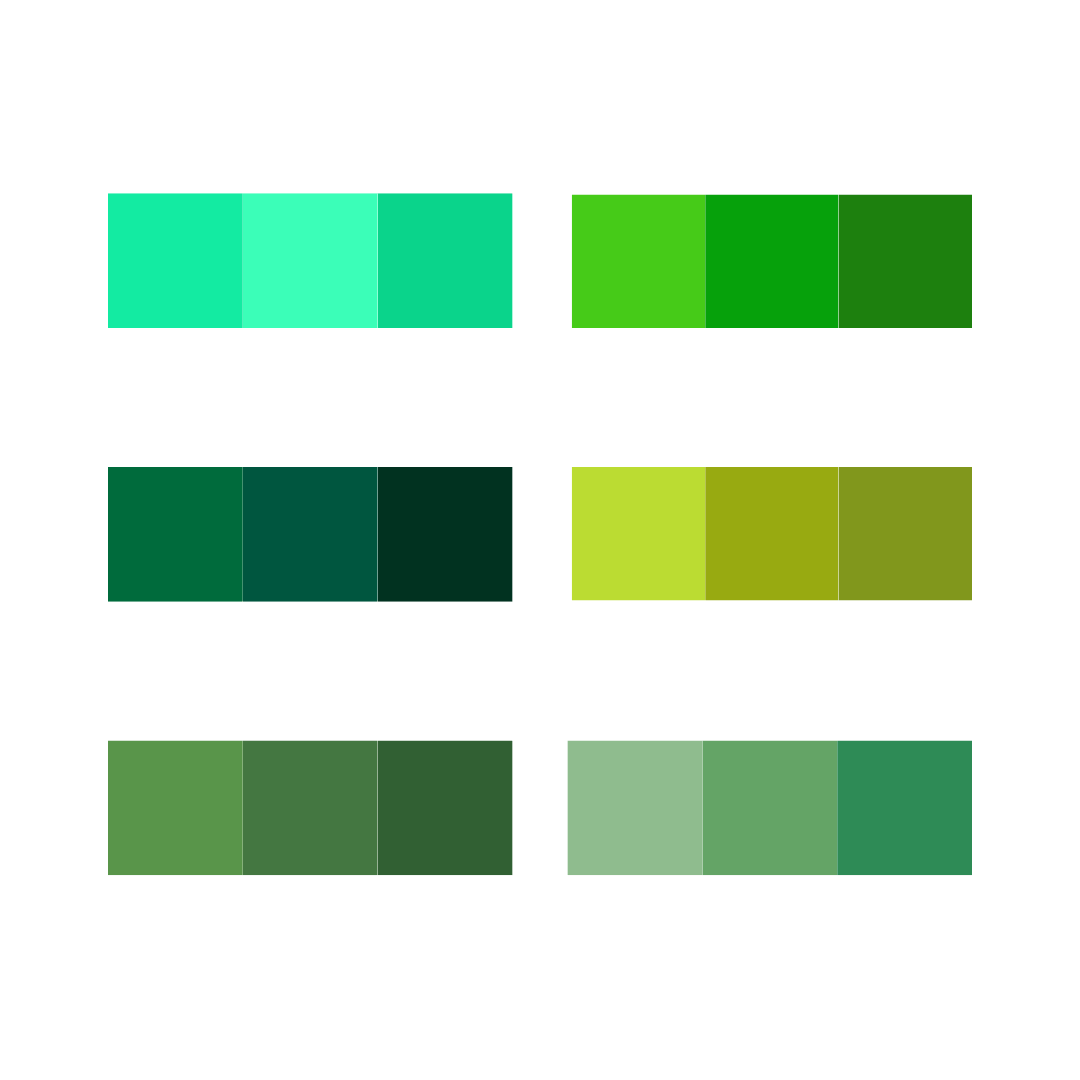 A picture of colour combinations for a green monochromatic colour scheme.