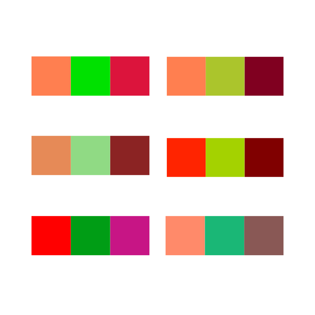 A picture of colour combinations for a green split complementary scheme.