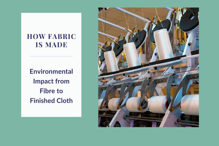 An image of a blog banner for a blog on how fabric is made, environmental impact from fibre to finished cloth, by Melissa Rath