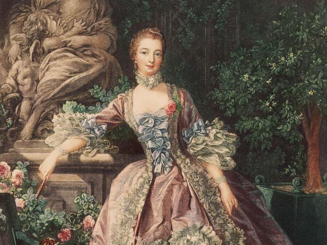 A portrait of a lady believed to be Madame Pompadour in beautiful ornate pink gown.
