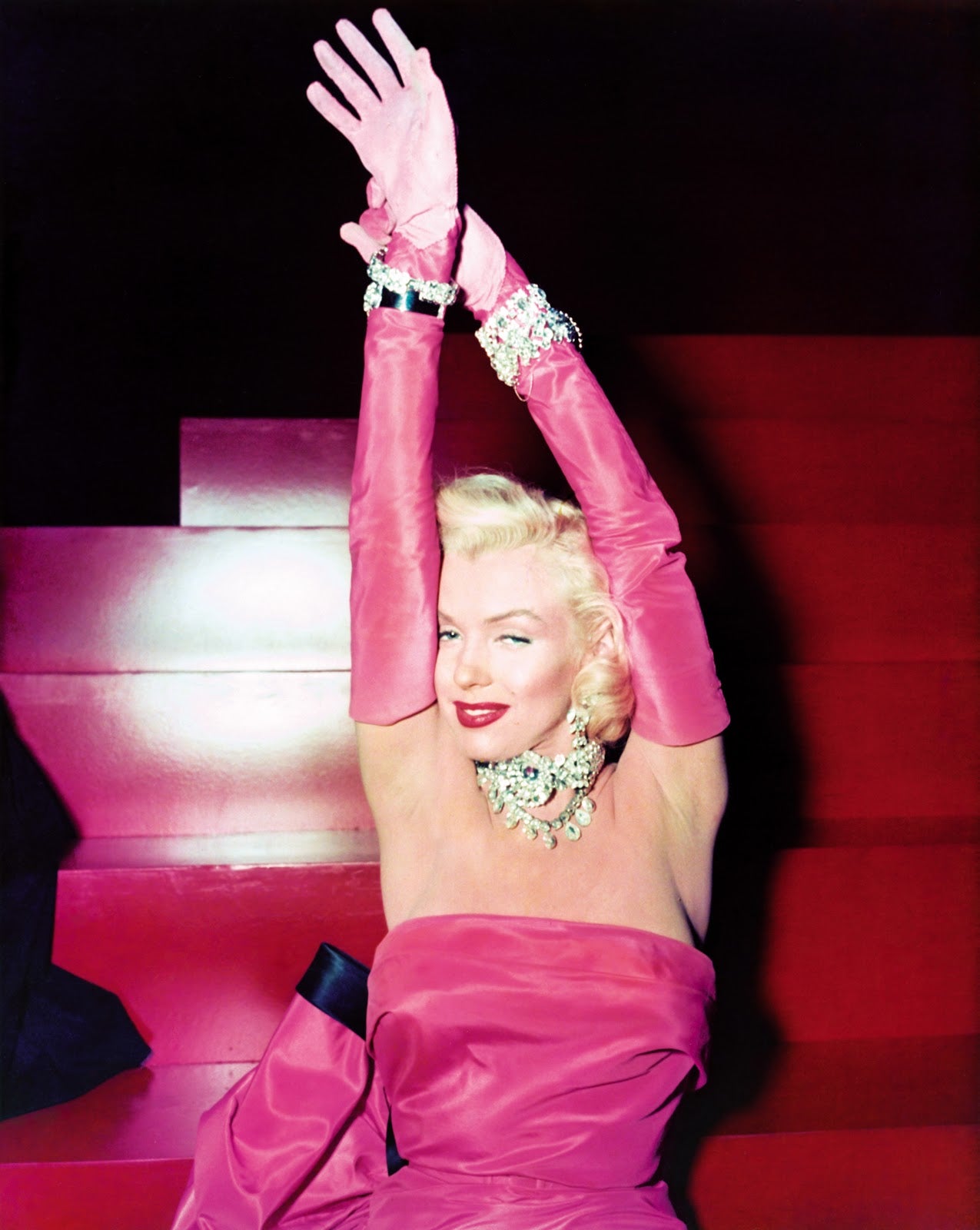 A picture of Marilyn Monroe singing "Diamonds Are a Girls Best Friend" in Gentlemen Prefer Blondes, released in 1953.