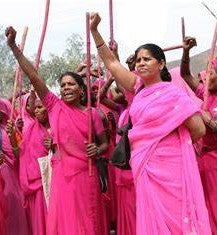 A picture of members of the Gulabi Gang in Northern India protesting.