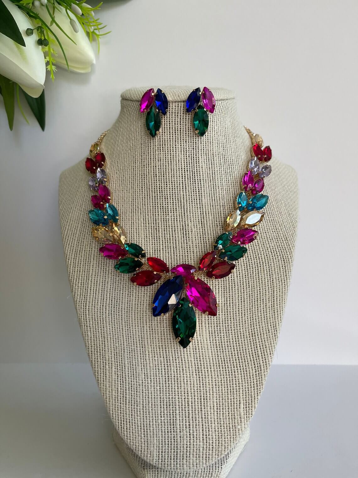 A picture of a Multicolor Rhinestone and Earring Set by B8 Designs, available on Etsy. $72.56