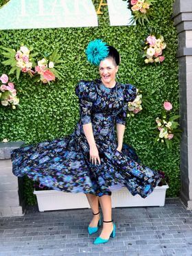 A picture of a Navy Velvet Millinery Crown worn by my gorgeous client Katrina