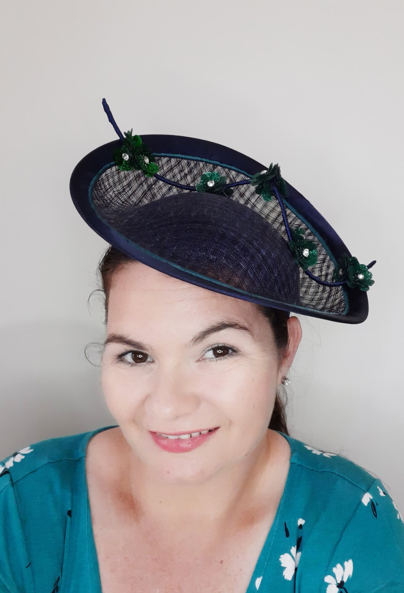 A picture of a Navy and Green Saucer Hat with  by Melissa Rath Millinery.