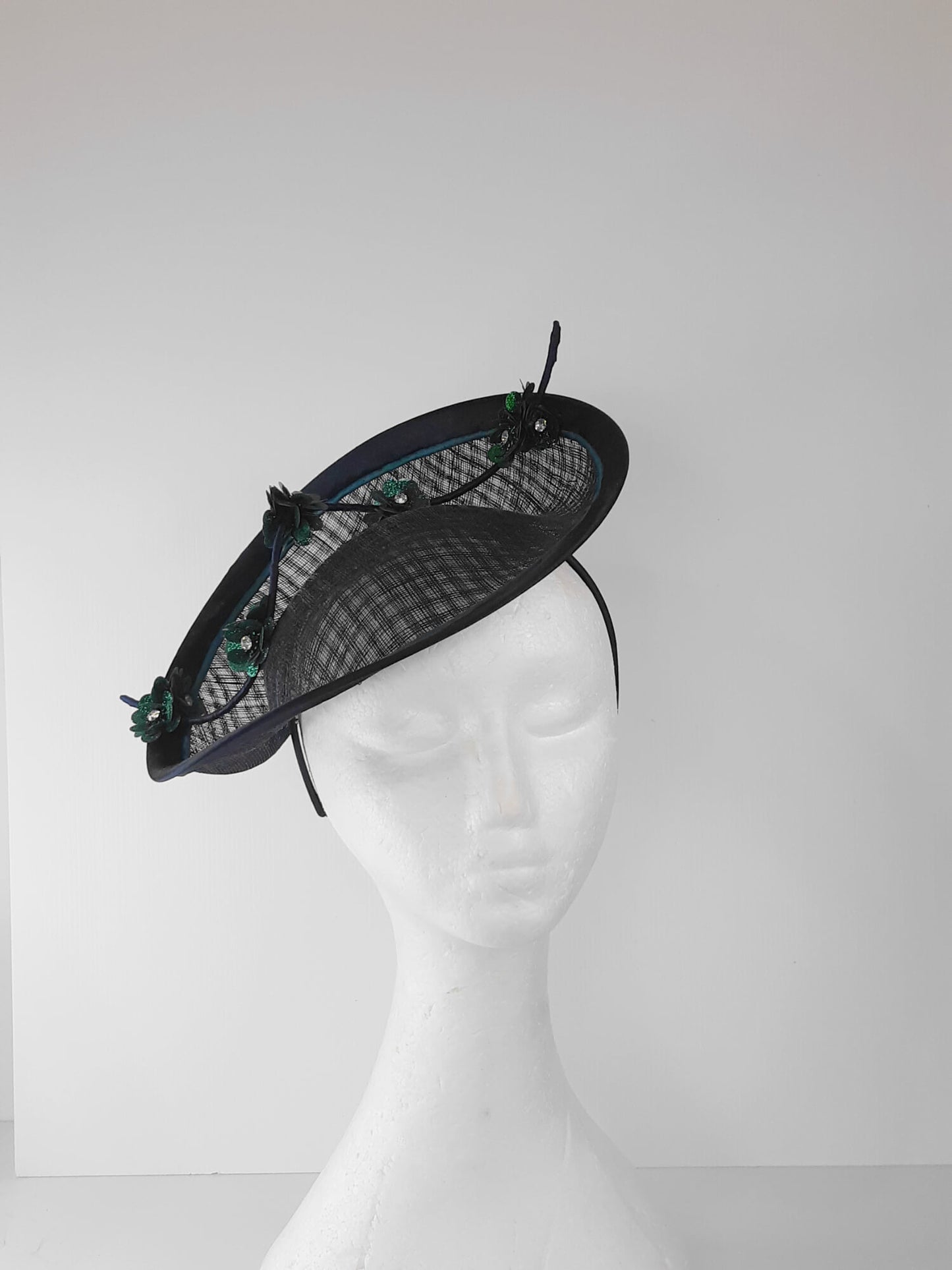 A picture of a Navy and Green Saucer Hat with  by Melissa Rath Millinery.