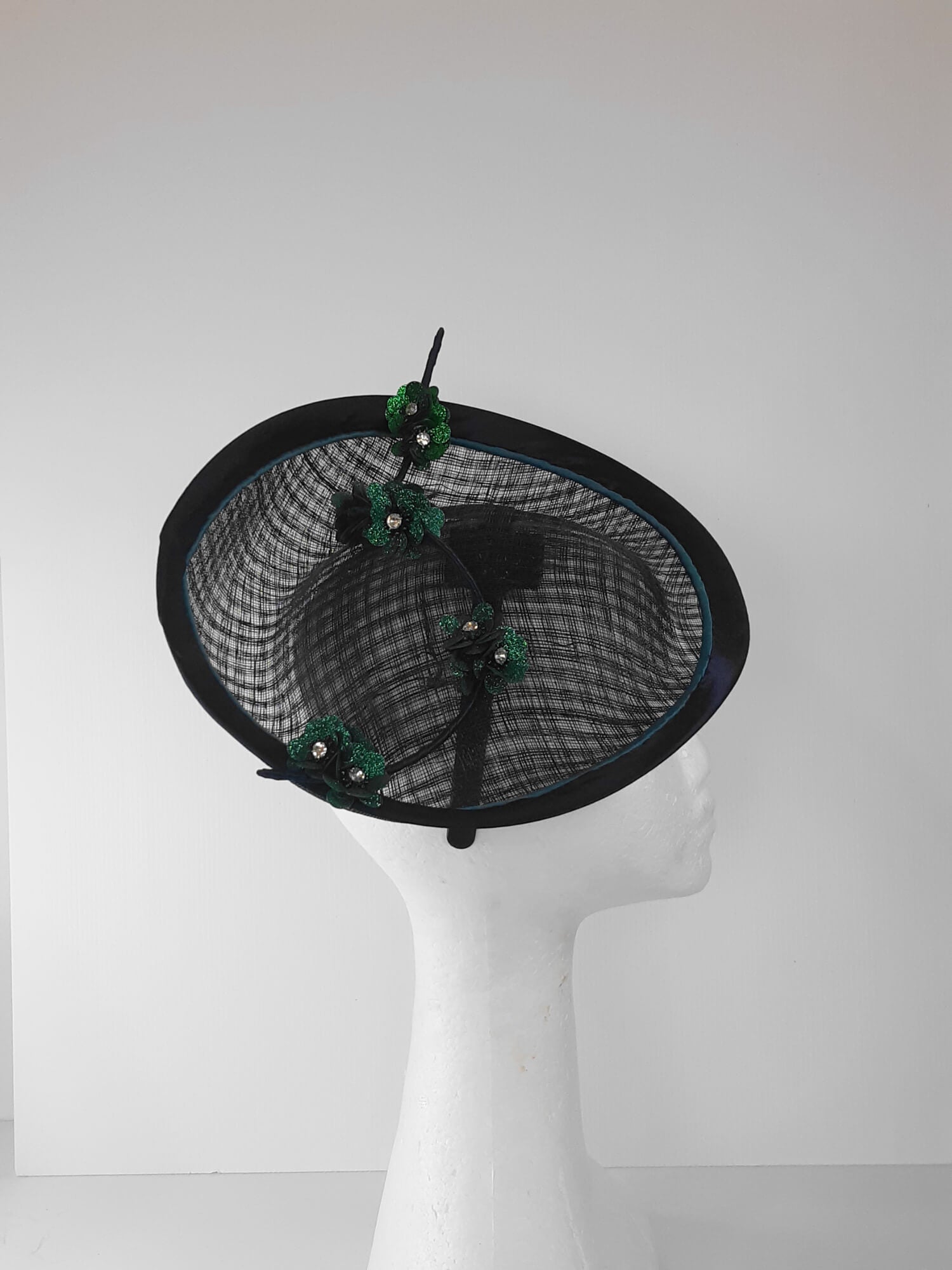 A picture of a Navy and Green Saucer Hat with  by Melissa Rath Millinery.