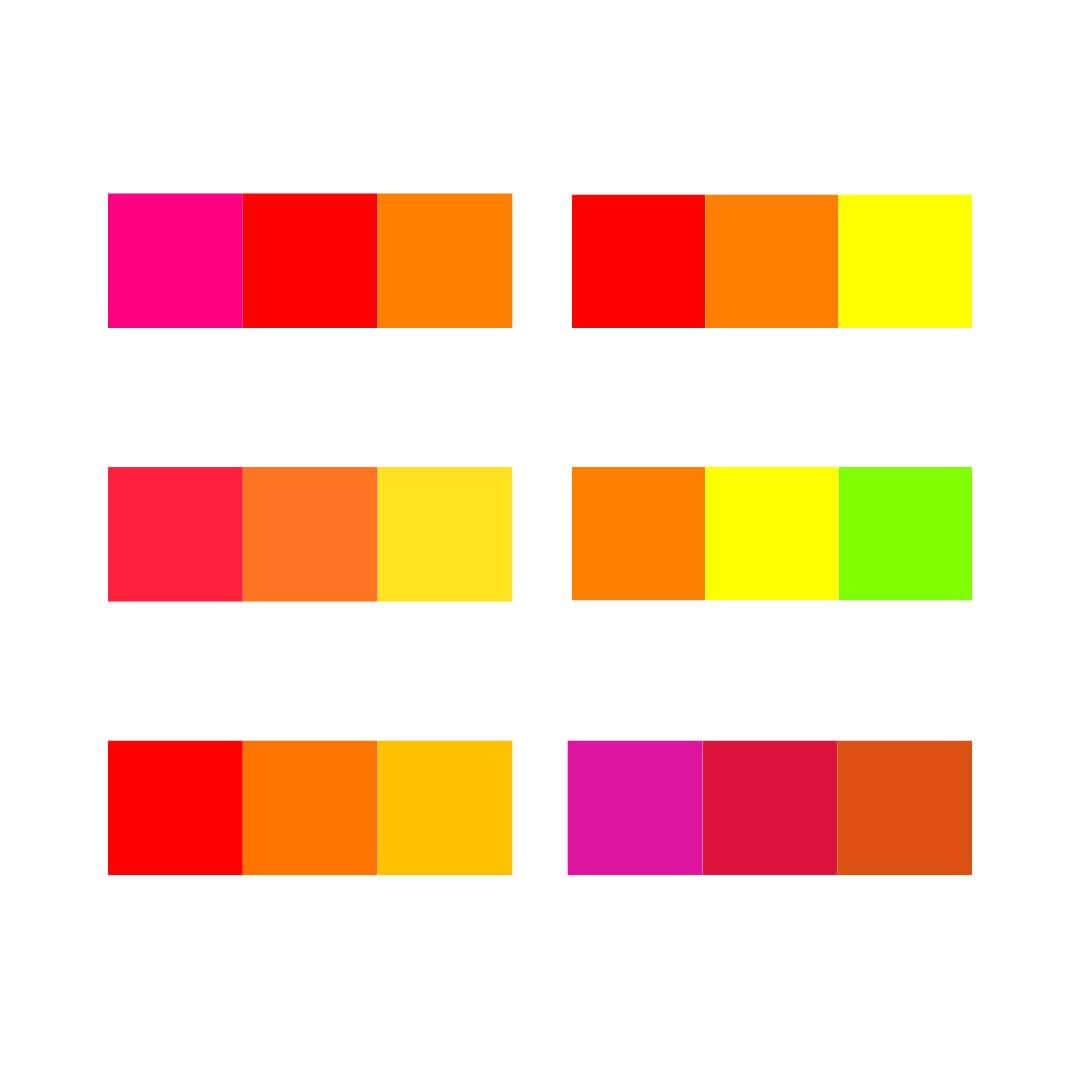 A picture of colour combinations for an orange analogous colour scheme.