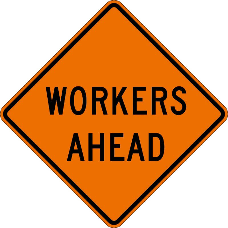 A picture of an orange road sign that says "workers ahead"