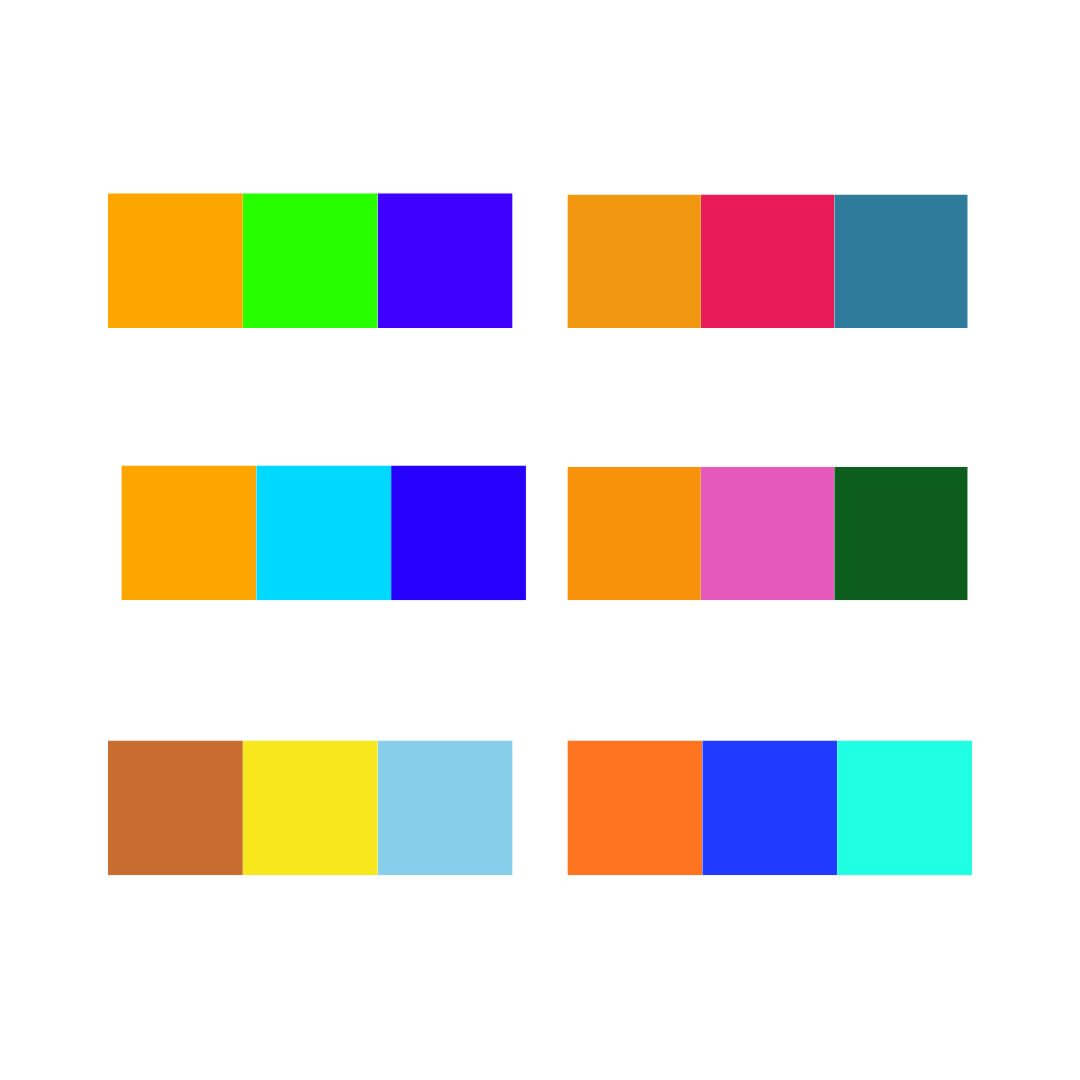 A picture of colour combinations for an orange split complementary colour scheme.