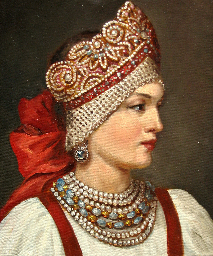 A painting of a young woman in a kokoshnik.