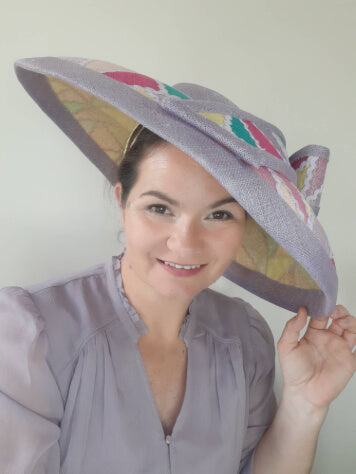 A picture of a wide brim patchwork hat by Melissa Rath Millinery.
