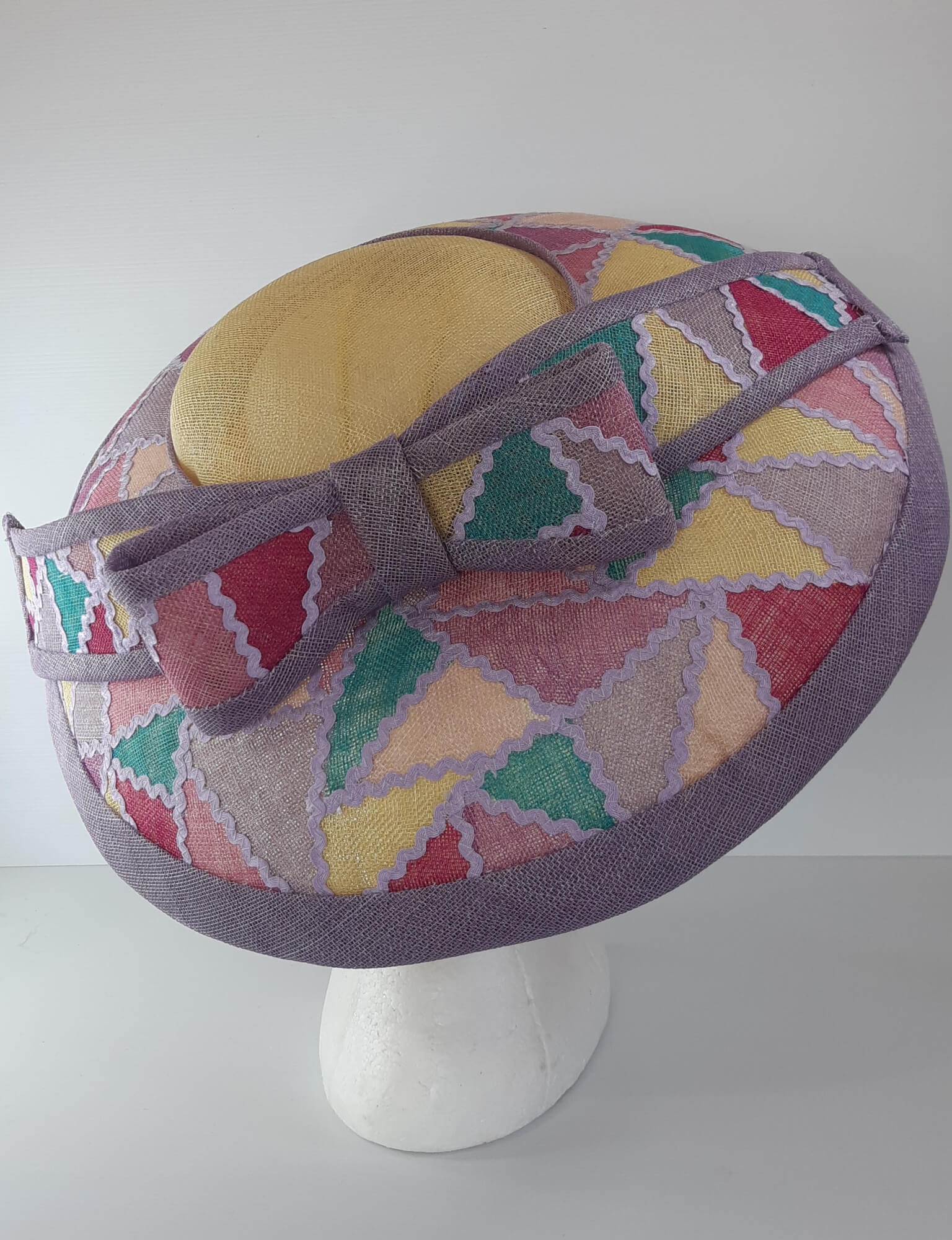 A picture of a wide brim patchwork hat by Melissa Rath Millinery.
