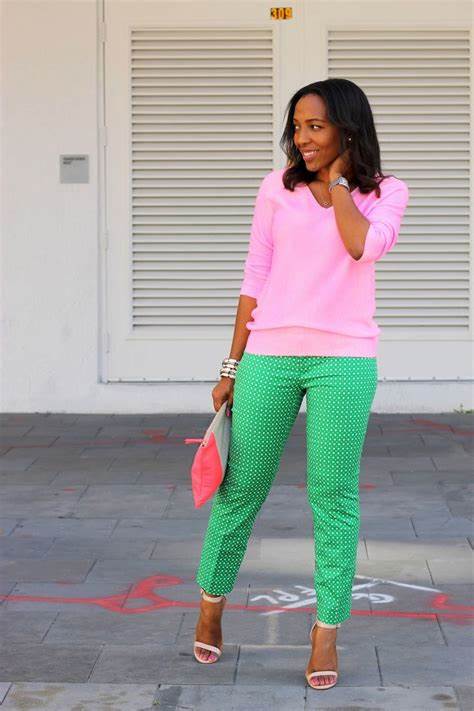 A picture of a woman wearing an outfit in a pink complementary colour scheme.