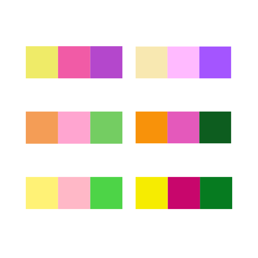 A picture of colour schemes for a pink  split complementary colour scheme.