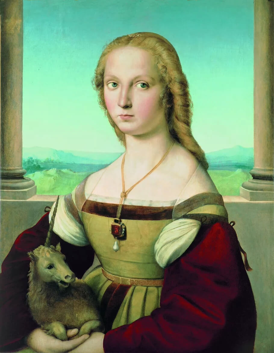 A picture of "Portrait of a lady with a Unicorn", painted  by Raphael in 1505.
