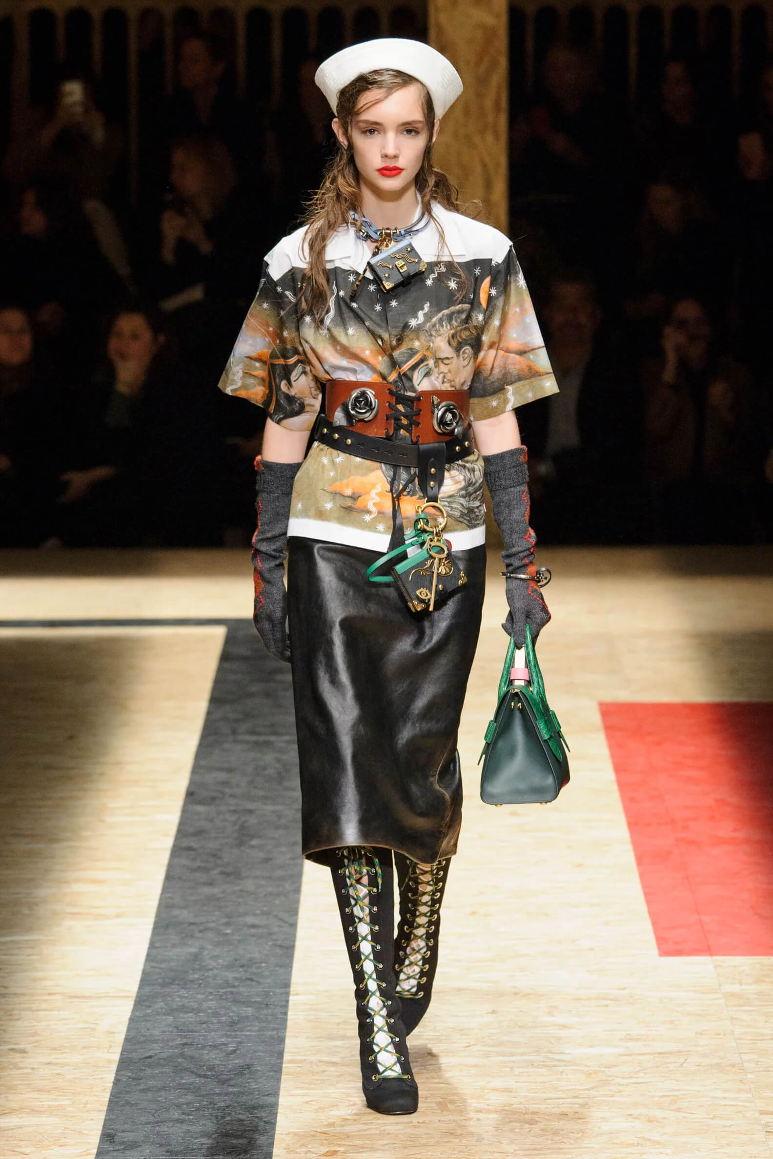 A picture of a model on the catwalk for the Prada 2016 catwalk show.