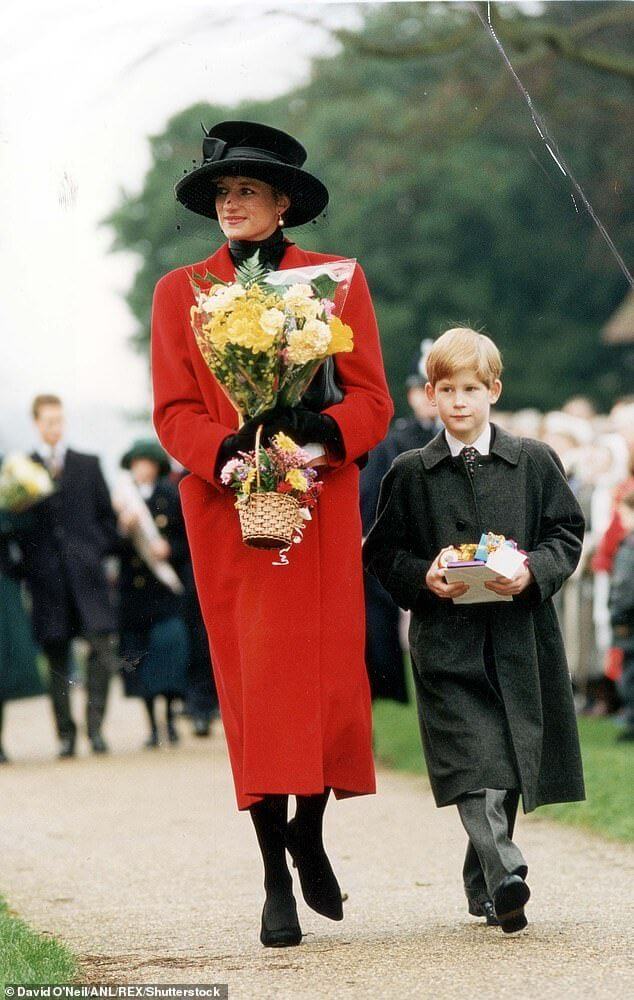 A picture of Princess Diana in a festive Christmas Day outfit.