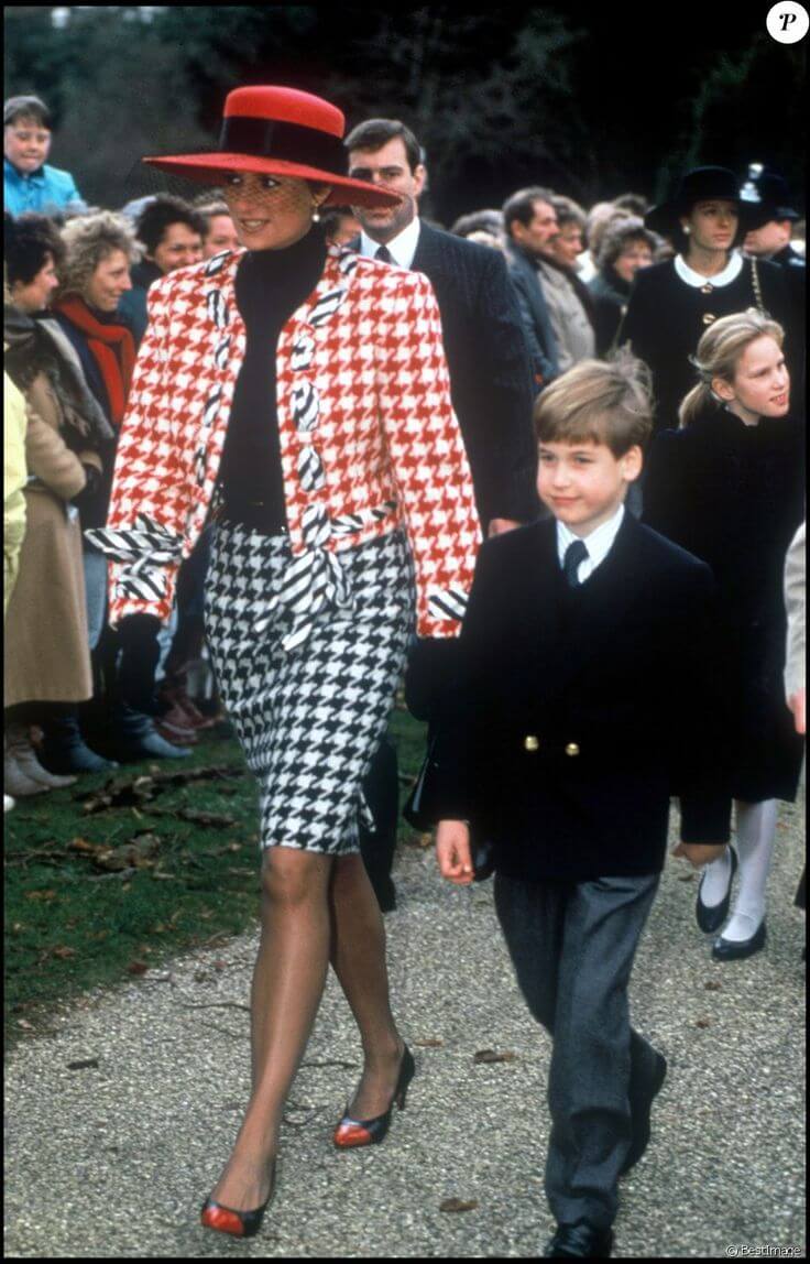 A picture of Princess Diana in a festive Christmas Day outfit.