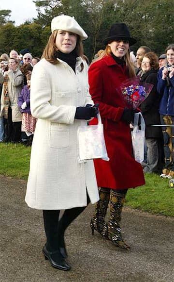 A picture of Princesses Beatrice and Eugenie in festive Christmas Day outfits.