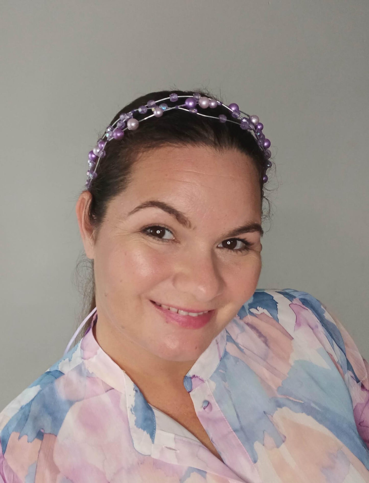 A picture of a Purple Beaded Millinery Halo by Melissa Rath Millinery