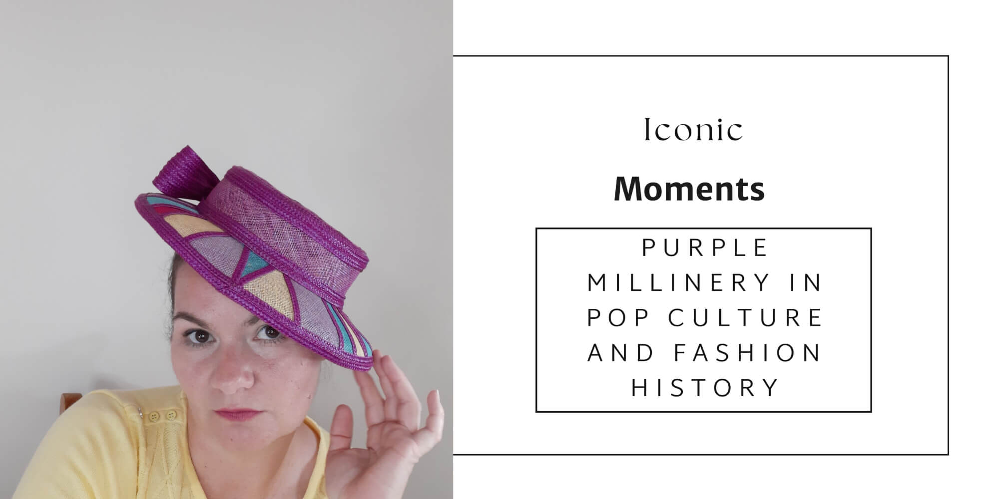 A picture of a blog banner for a blog about purple millinery in pop culture and fashion history by Melissa Rath Millinery