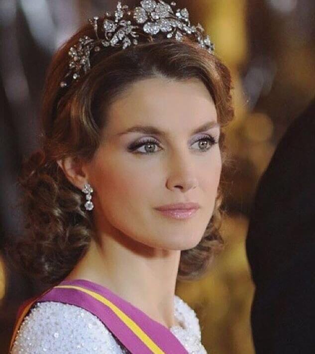A picture of 
Queen Letizia of Spain wearing the Spanish Floral Tiara which has been worn by many members of the Spanish Royal family.