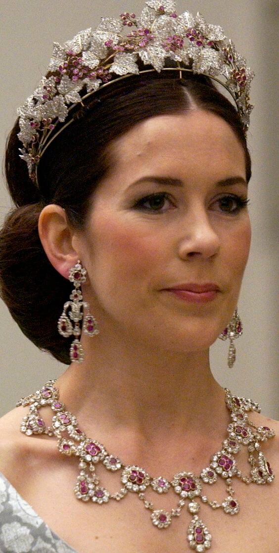 A picture of Queen Mary of Denmark wearing the Danish Ruby Parure which was made in 1804 to celebrate the Coronation of Emperor Napoleon.
