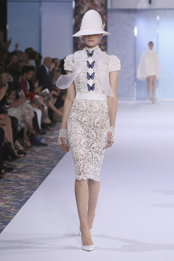 A picture of a model on the catwalk for Ralph and Russo 2016.