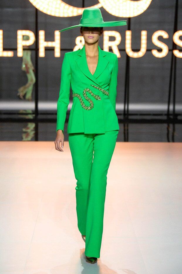 A picture of a model on the catwalk for Ralph and Russo 2019.