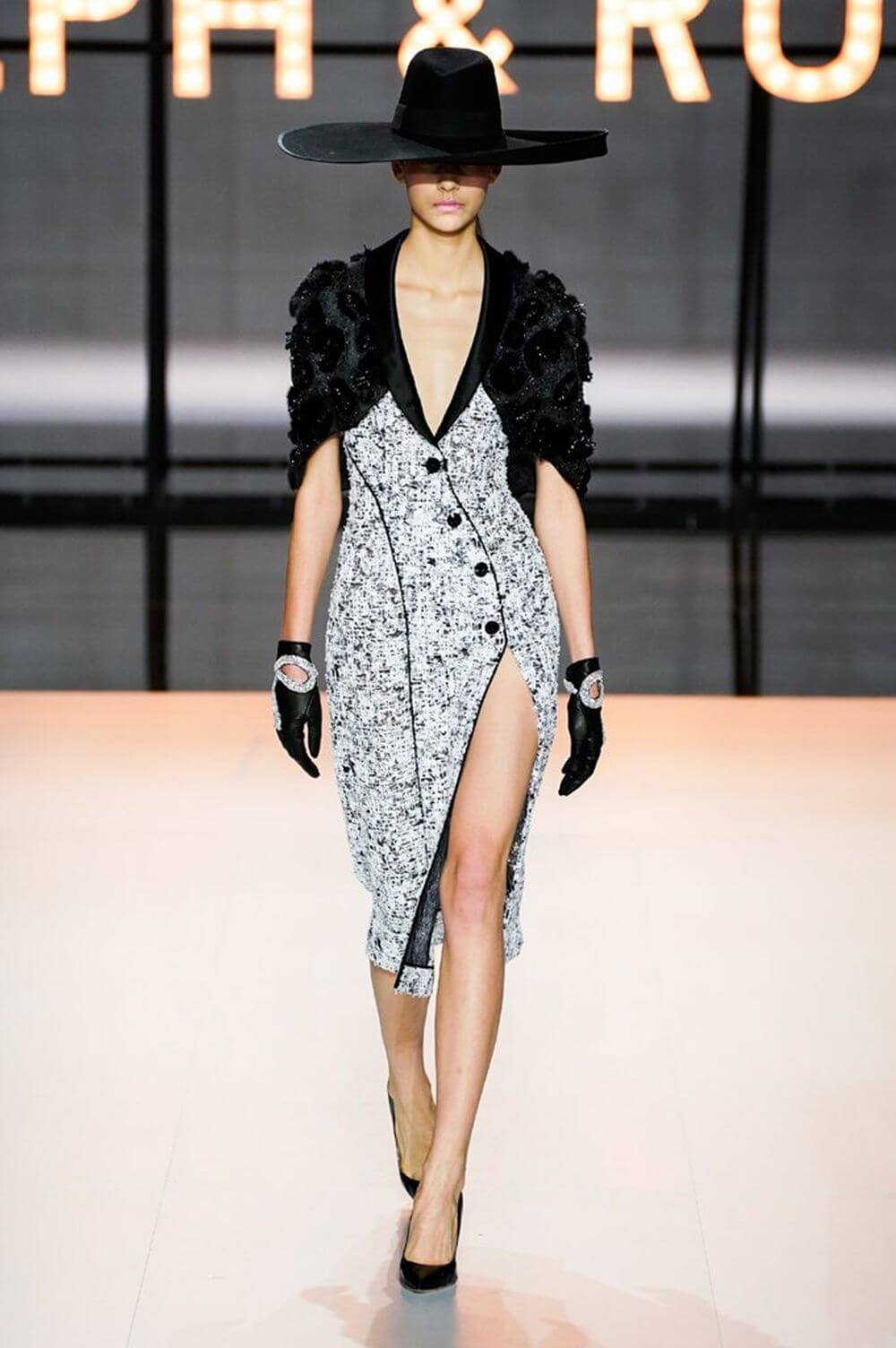 A picture of a model on the catwalk for Ralph and Russo 2019.