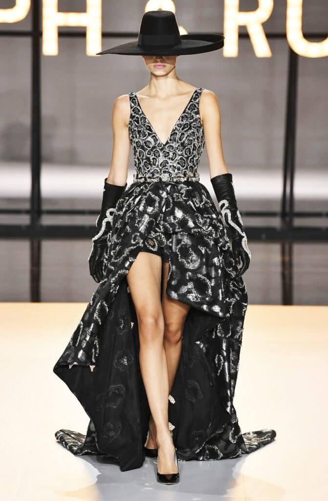 A picture of a model on the catwalk for Ralph and Russo 2019.