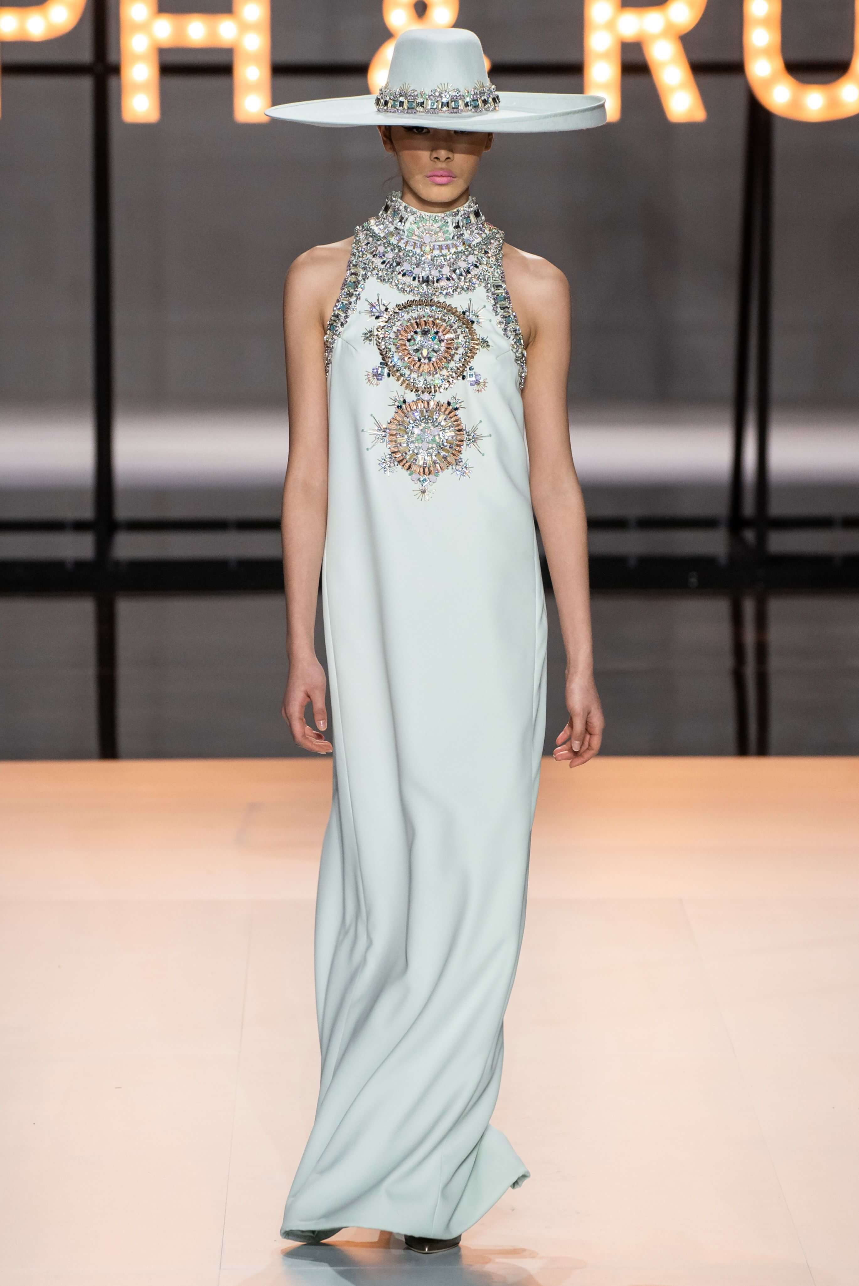 A picture of a model on the catwalk for Ralph and Russo 2019.