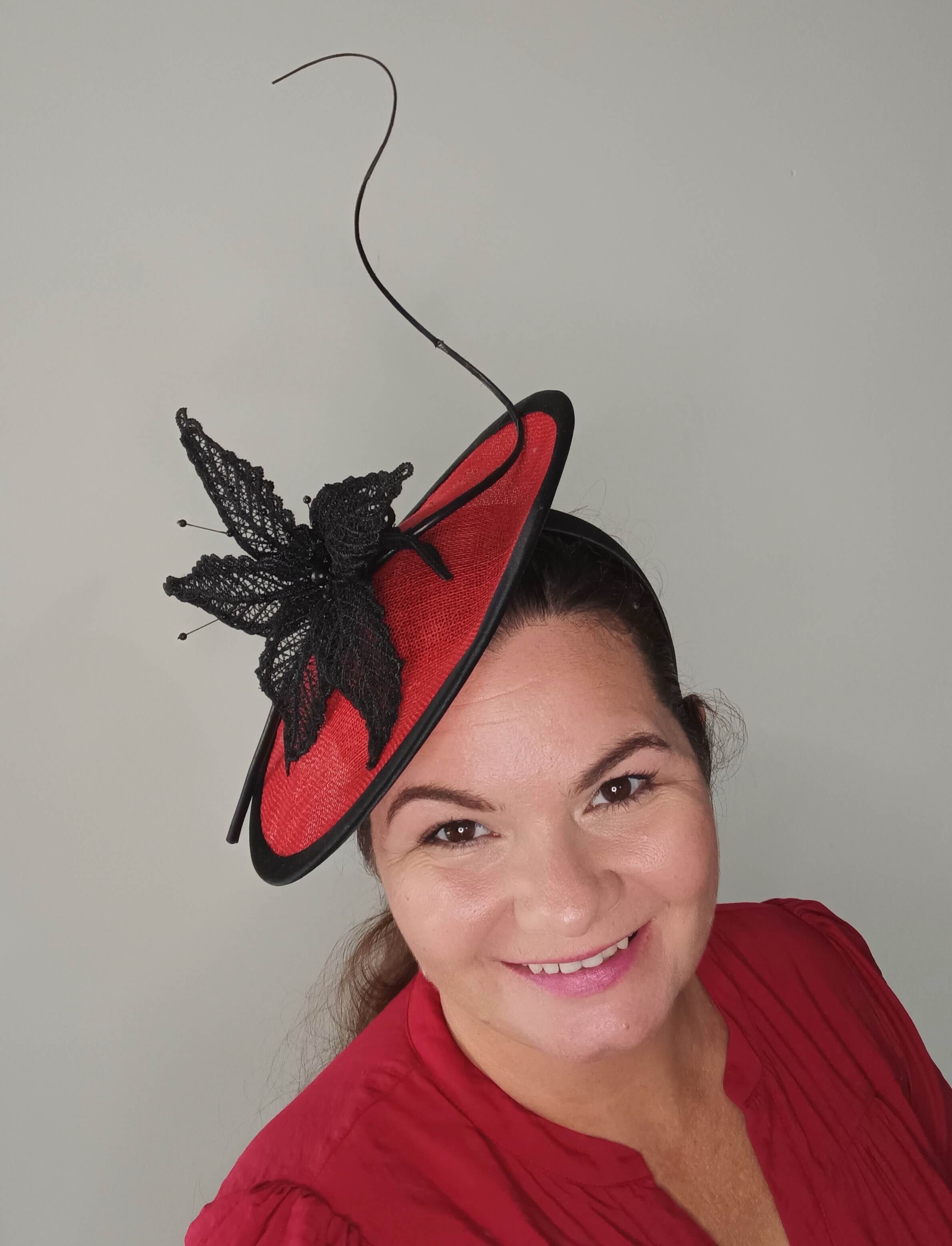 A picture of a Red and Black Saucer Hat by Melissa Rath Millinery