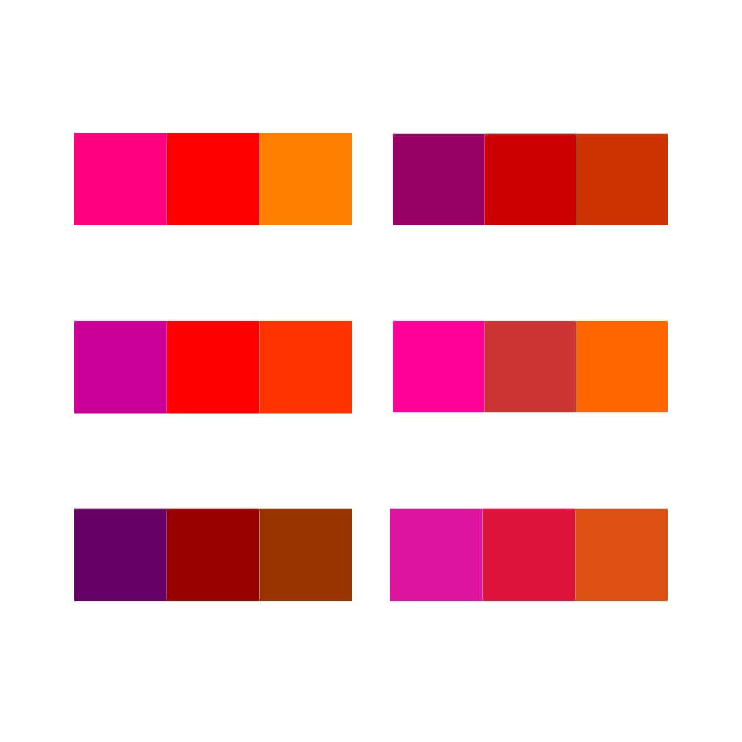 A picture of colour schemes for a red analogous colour scheme.