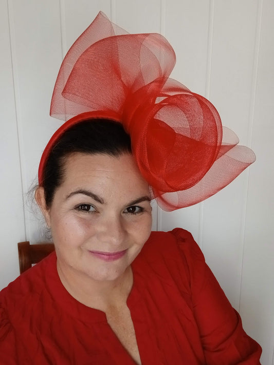 An image of a Red Padded Headband with Crinoline Bow and Rose by Melissa Rath Millinery