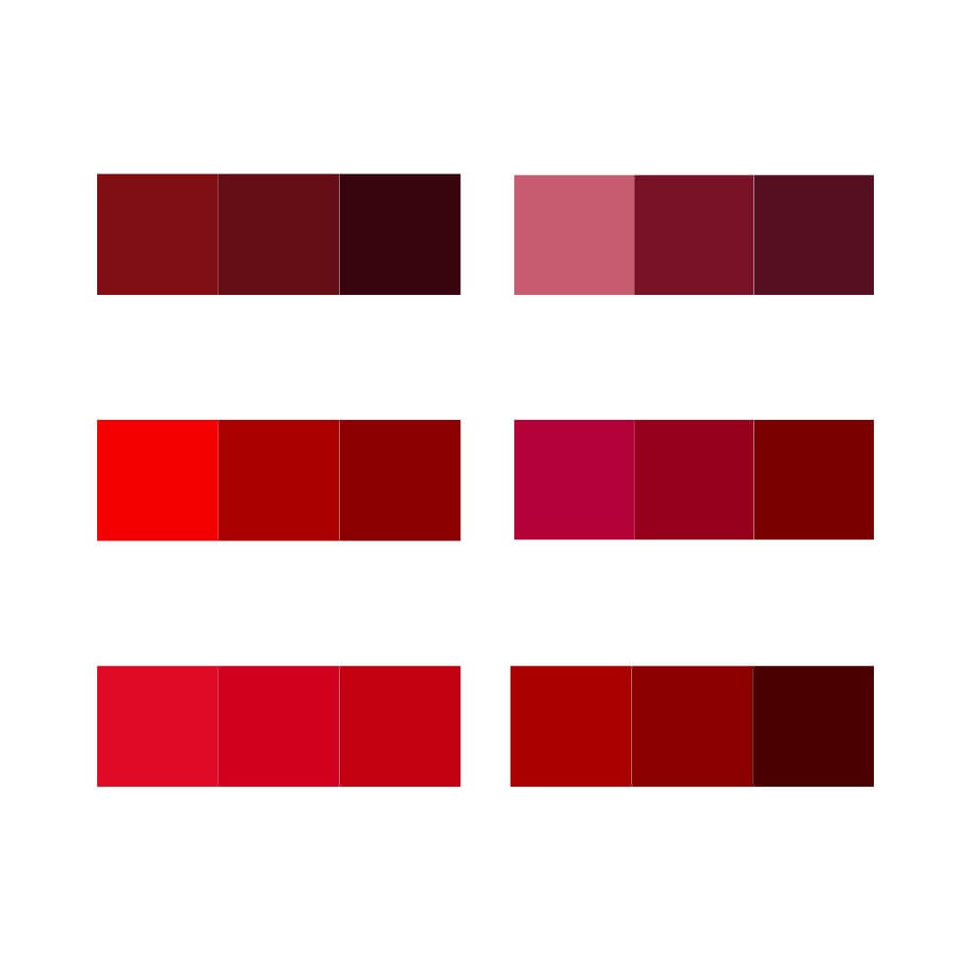 A picture of colour schemes for a red monochromatic colour scheme.
