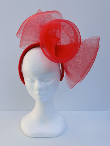 An image of a Red Padded Headband with Crinoline Bow and Rose by Melissa Rath Millinery.