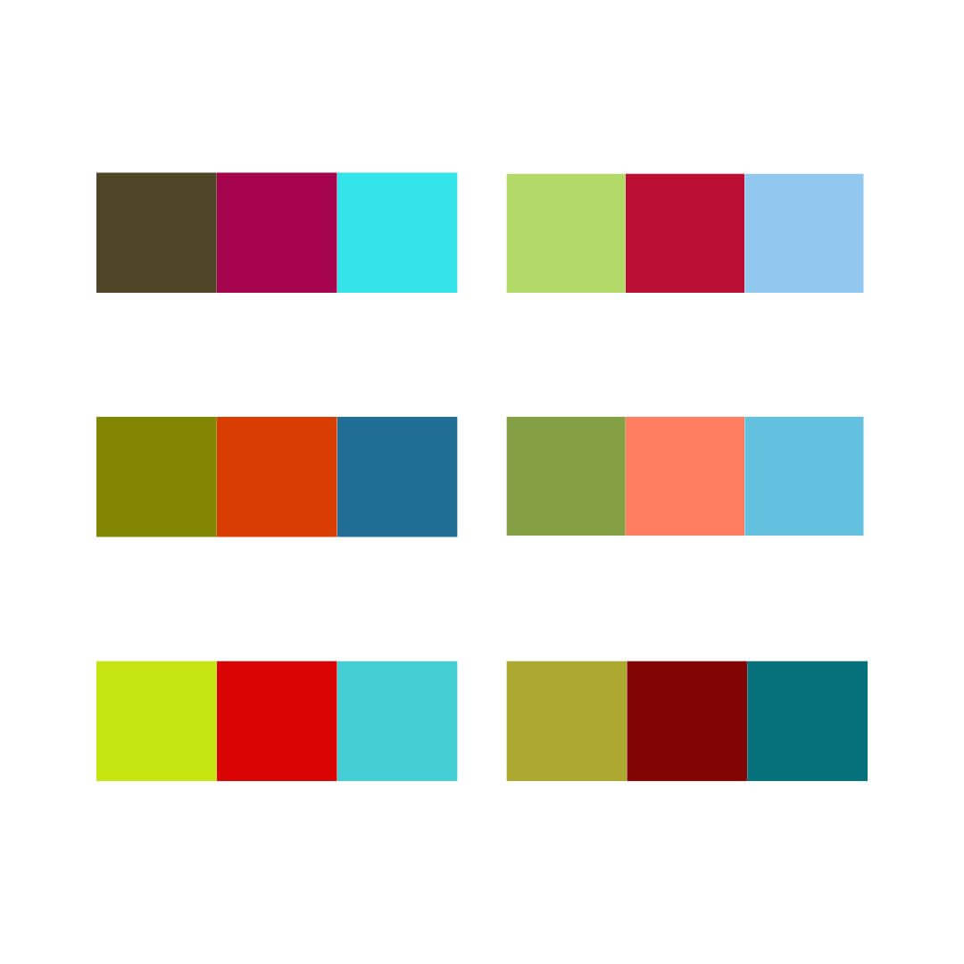 A picture of colour schemes for a red split complementary colour scheme.
