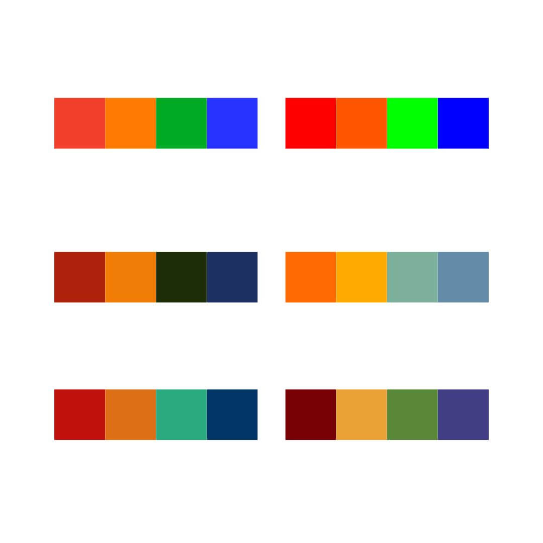 A picture of colour schemes for a red tetradic colour scheme.