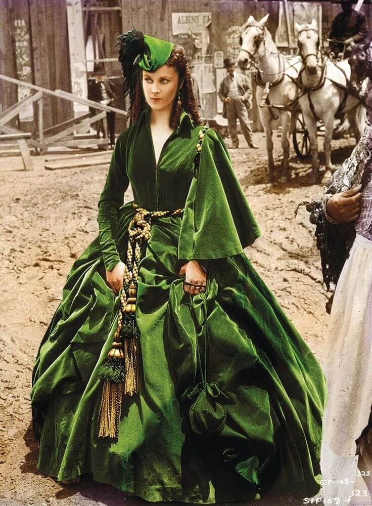A picture of Scarlett O'Hara's green dress in Gone With the Wind.